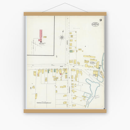 Old map wall art mockup — magnetic wood frame on white wall — Sanborn Fire Insurance Map from Babylon, Suffolk County, New York (1902), Sheet #0009