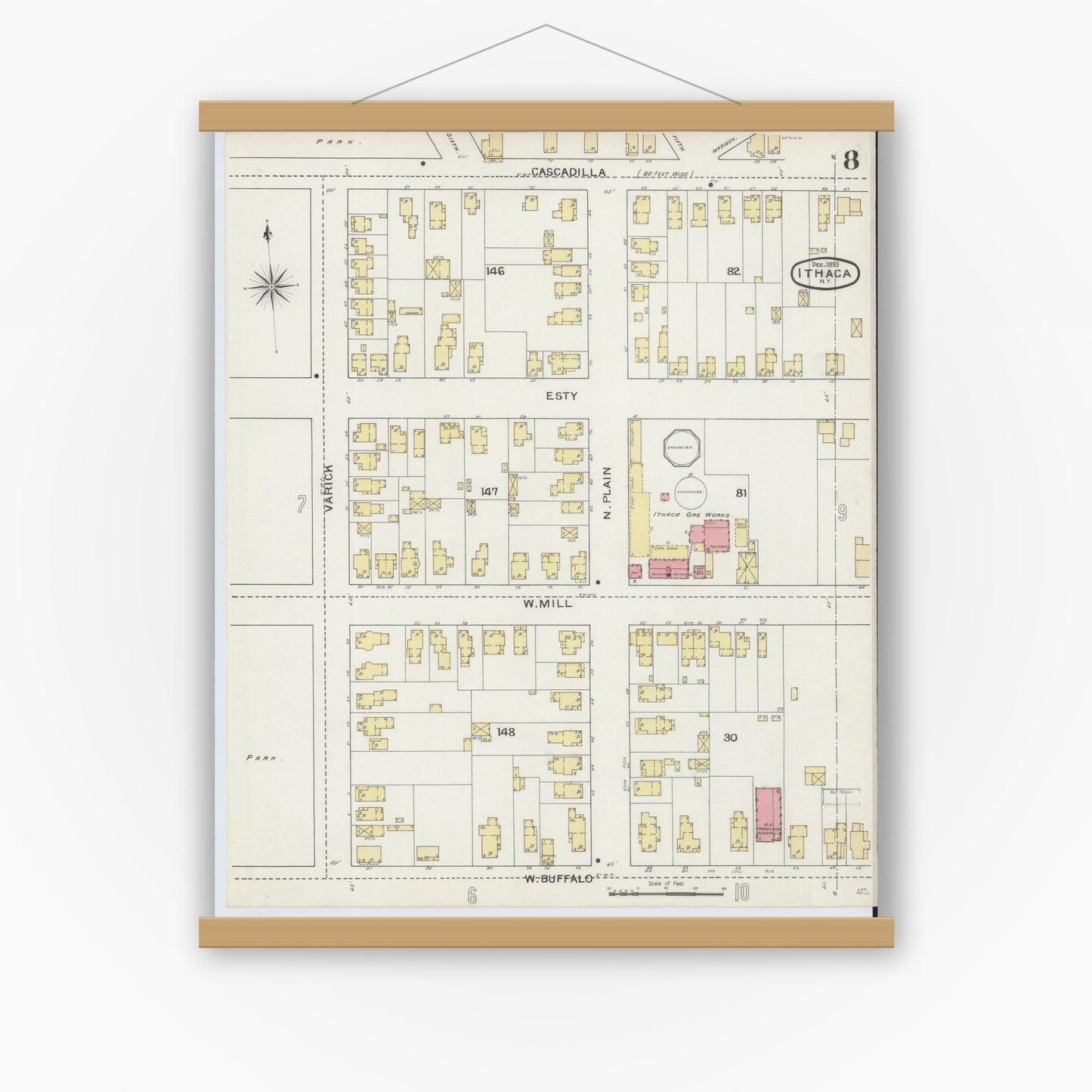 Old map wall art mockup — magnetic wood frame on white wall — Sanborn Fire Insurance Map from Ithaca, Tompkins County, New York (1893), Sheet #0008