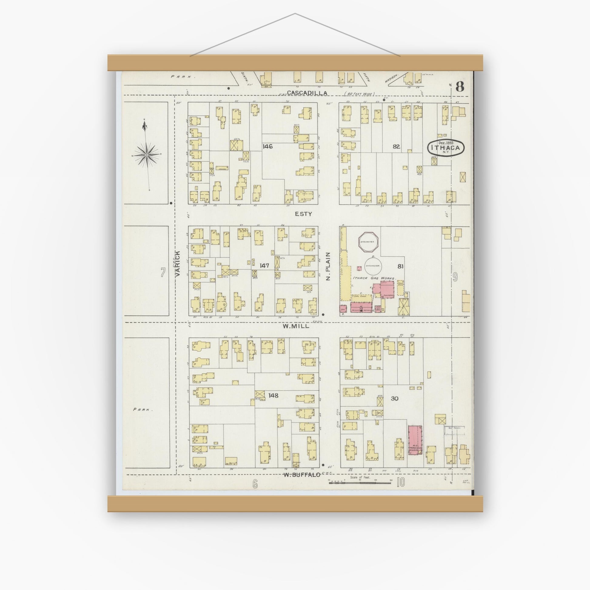 Old map wall art mockup — magnetic wood frame on white wall — Sanborn Fire Insurance Map from Ithaca, Tompkins County, New York (1893), Sheet #0008