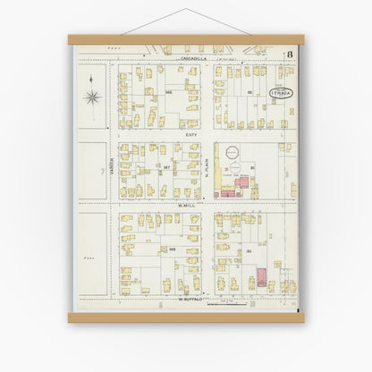 Old map wall art mockup — magnetic wood frame on white wall — Sanborn Fire Insurance Map from Ithaca, Tompkins County, New York (1893), Sheet #0008