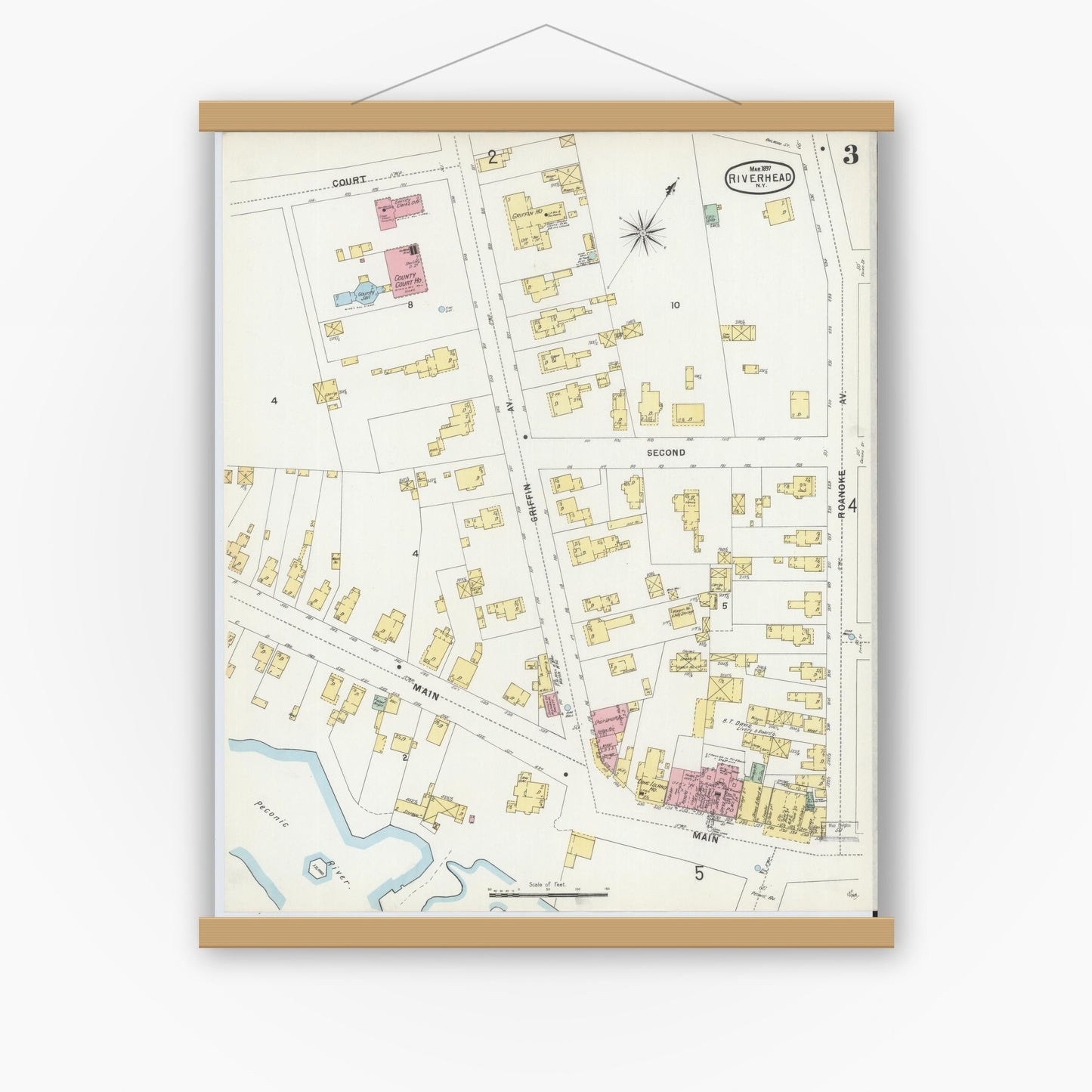 Old map wall art mockup — magnetic wood frame on white wall — Sanborn Fire Insurance Map from Riverhead, Suffolk County, New York (1897), Sheet #0003
