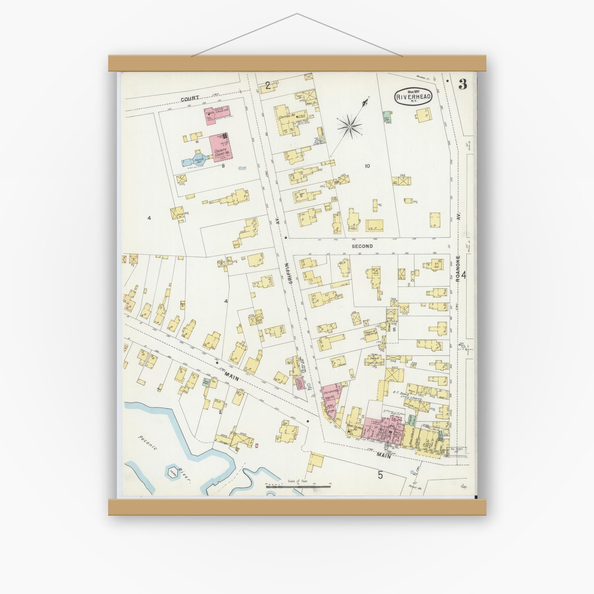Old map wall art mockup — magnetic wood frame on white wall — Sanborn Fire Insurance Map from Riverhead, Suffolk County, New York (1897), Sheet #0003
