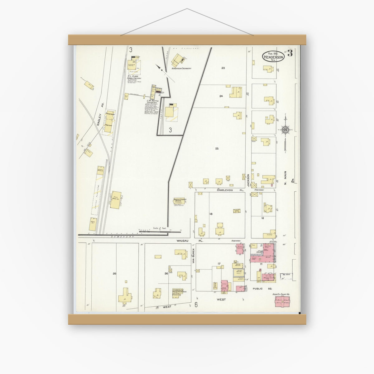 Old map wall art mockup — magnetic wood frame on white wall — Sanborn Fire Insurance Map from Henderson, Rusk County, Texas (1912), Sheet #0003