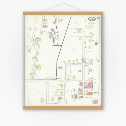 Old map wall art mockup — magnetic wood frame on white wall — Sanborn Fire Insurance Map from Henderson, Rusk County, Texas (1912), Sheet #0003