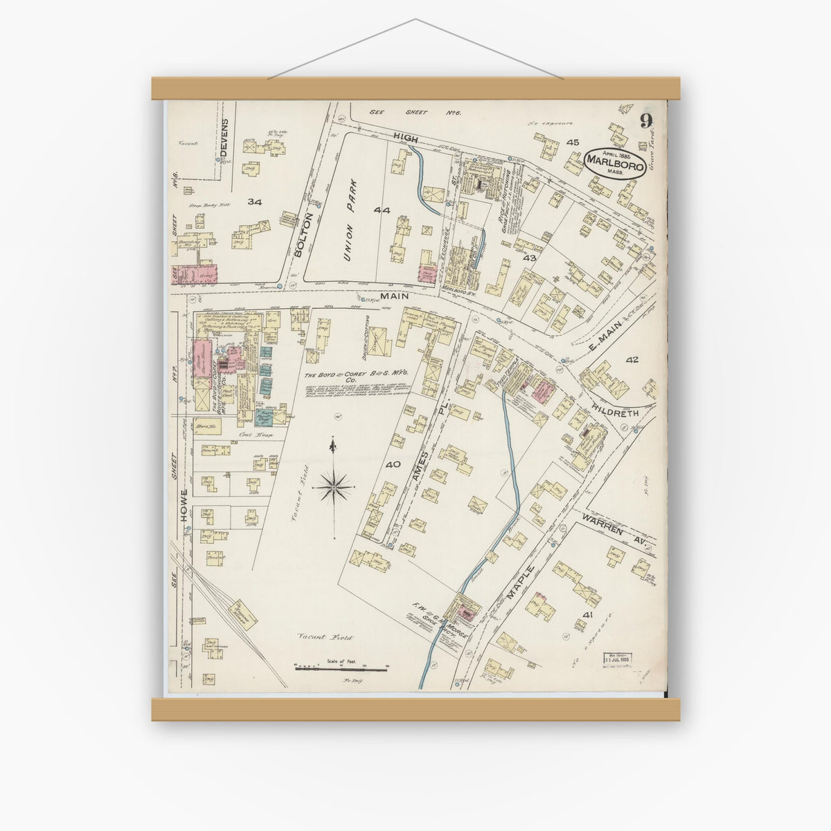 Old map wall art mockup — magnetic wood frame on white wall — Sanborn Fire Insurance Map from Marlborough, Middlesex County, Massachusetts (1885), Sheet #0009