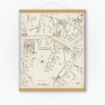 Old map wall art mockup — magnetic wood frame on white wall — Sanborn Fire Insurance Map from Marlborough, Middlesex County, Massachusetts (1885), Sheet #0009