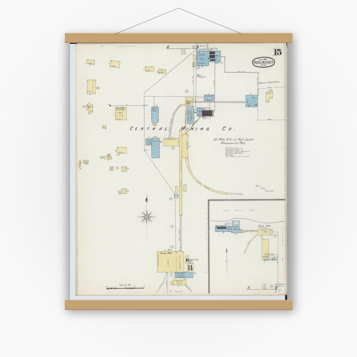 Old map wall art mockup — magnetic wood frame on white wall — Sanborn Fire Insurance Map from Red Jacket, Houghton County, Michigan (1893), Sheet #0015