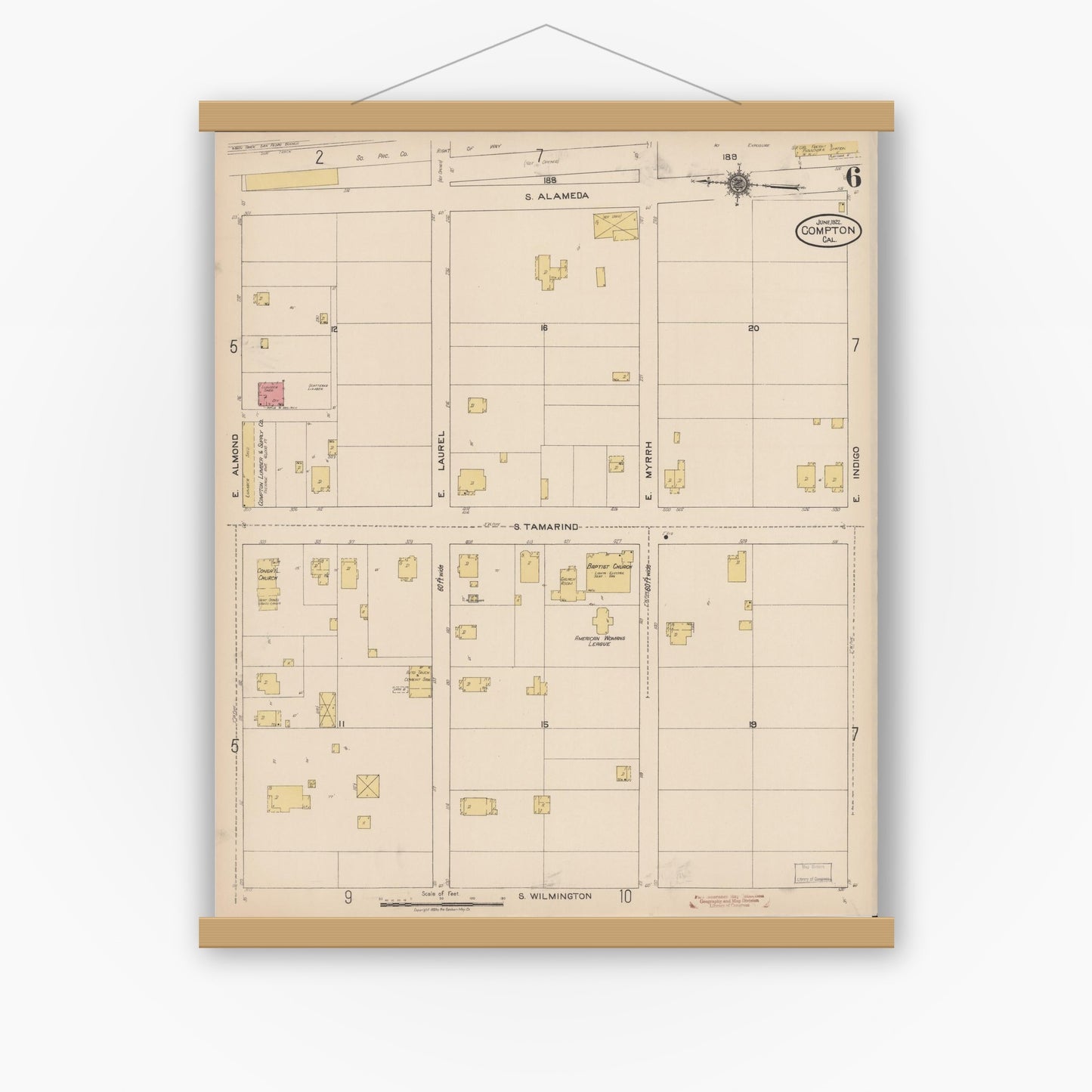Old map wall art mockup — magnetic wood frame on white wall — Sanborn Fire Insurance Map from Compton, Los Angeles County, California (1922), Sheet #0006