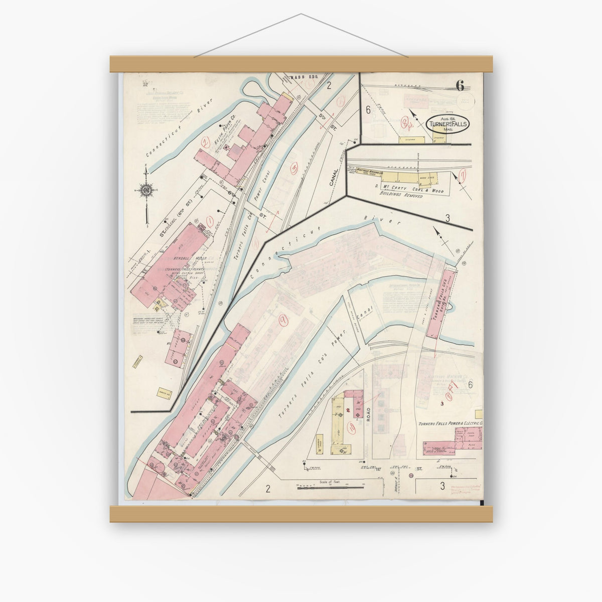 Old map wall art mockup — magnetic wood frame on white wall — Sanborn Fire Insurance Map from Turners Falls, Franklin County, Massachusetts (1940), Sheet #0006