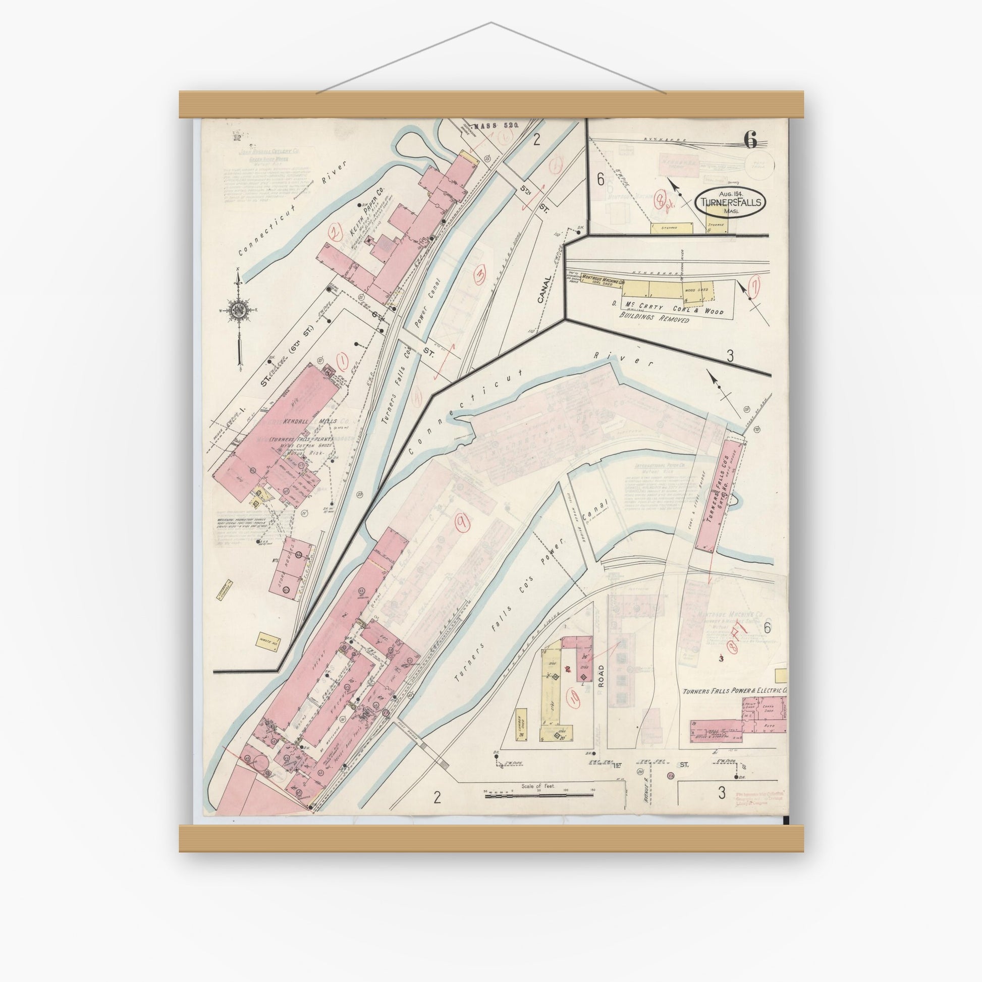 Old map wall art mockup — magnetic wood frame on white wall — Sanborn Fire Insurance Map from Turners Falls, Franklin County, Massachusetts (1940), Sheet #0006
