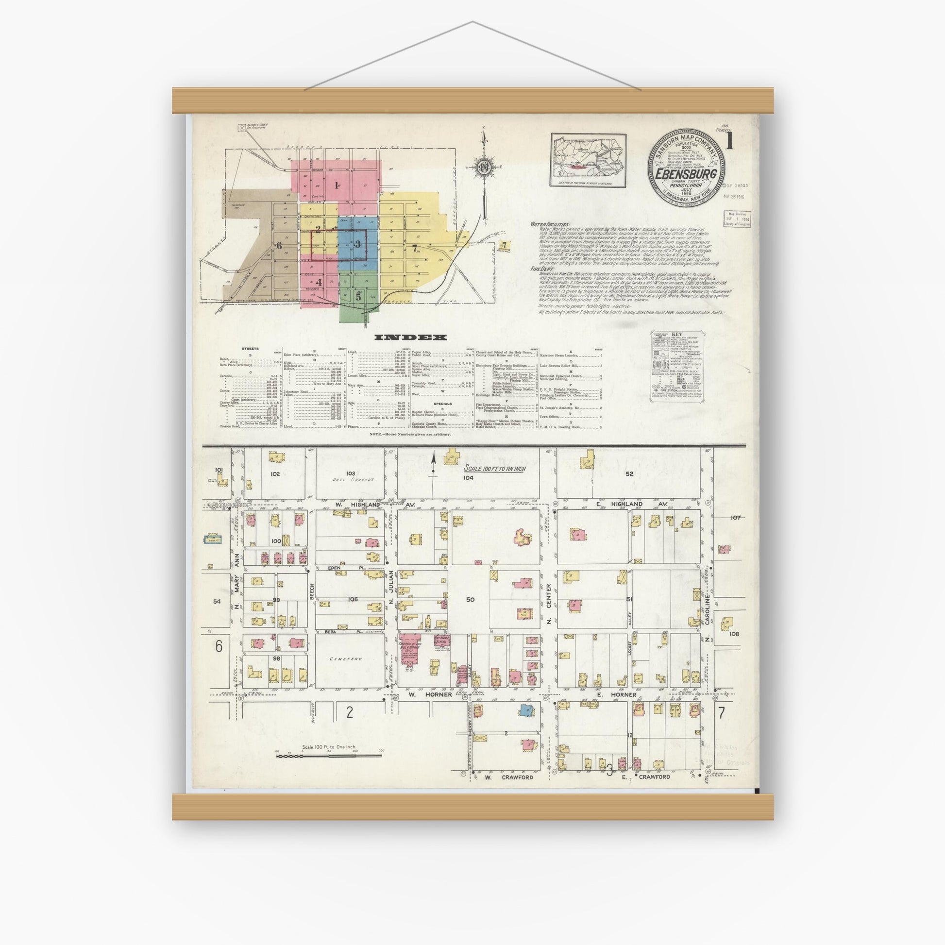 Old map wall art mockup — magnetic wood frame on white wall — Sanborn Fire Insurance Map from Ebensburg, Cambria County, Pennsylvania (1916), Sheet #0001