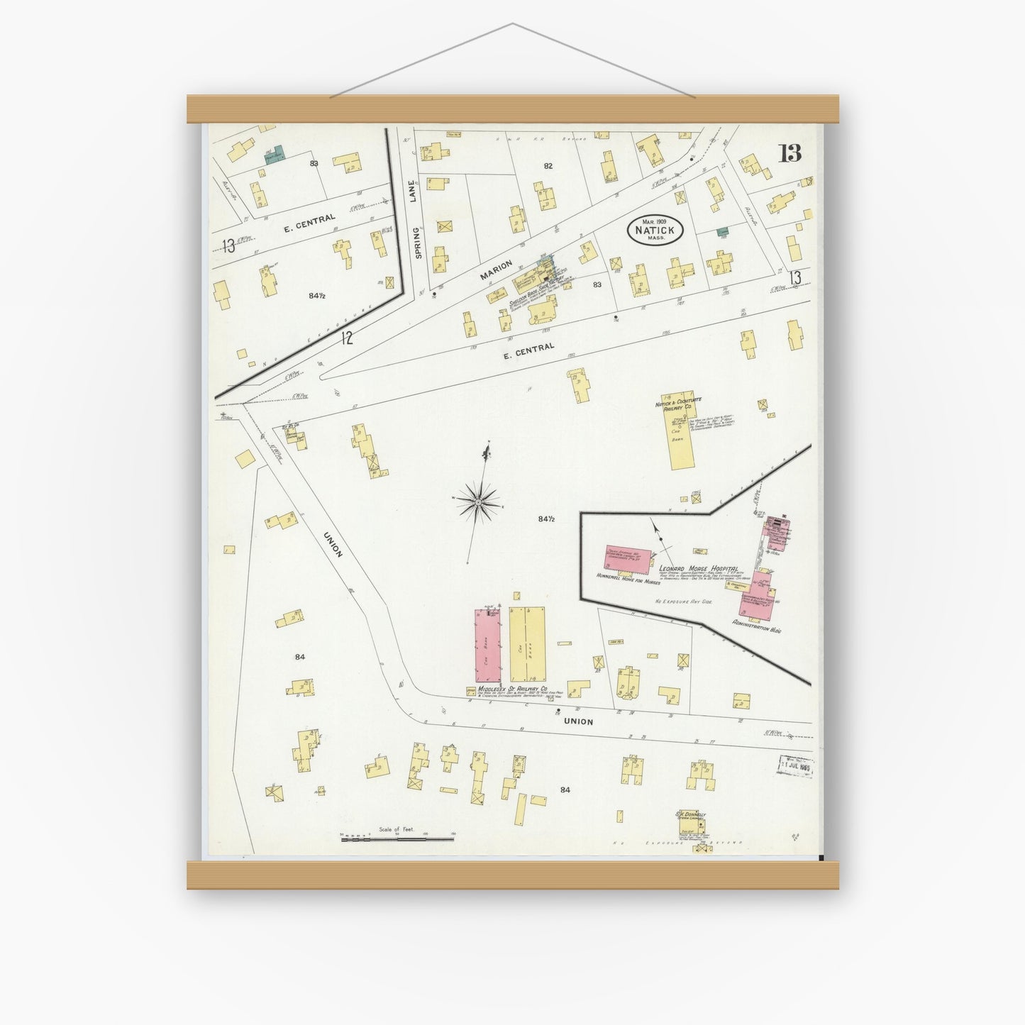 Old map wall art mockup — magnetic wood frame on white wall — Sanborn Fire Insurance Map from Natick, Middlesex County, Massachusetts (1909), Sheet #0013