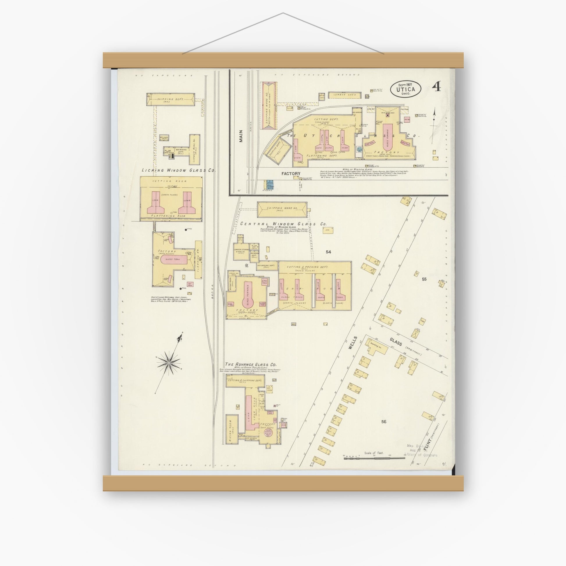 Old map wall art mockup — magnetic wood frame on white wall — Sanborn Fire Insurance Map from Utica, Licking County, Ohio (1907), Sheet #0004