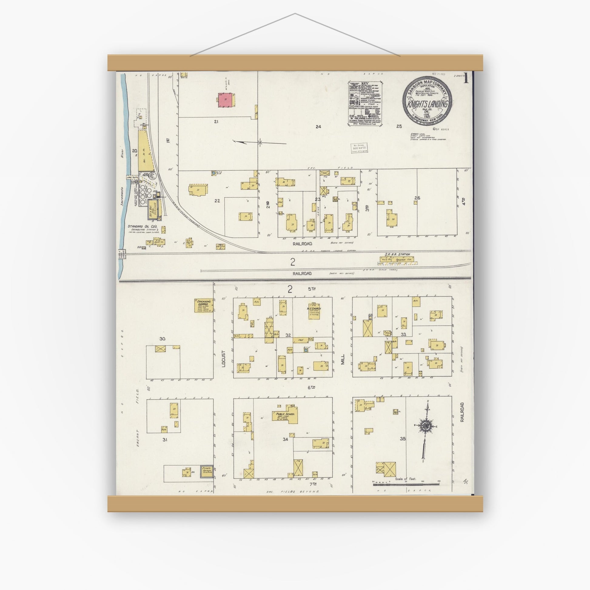 Old map wall art mockup — magnetic wood frame on white wall — Sanborn Fire Insurance Map from Knights Landing, Yolo County, California (1921), Sheet #0001