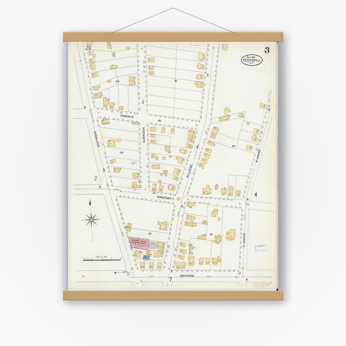 Old map wall art mockup — magnetic wood frame on white wall — Sanborn Fire Insurance Map from Peekskill, Westchester County, New York (1905), Sheet #0003