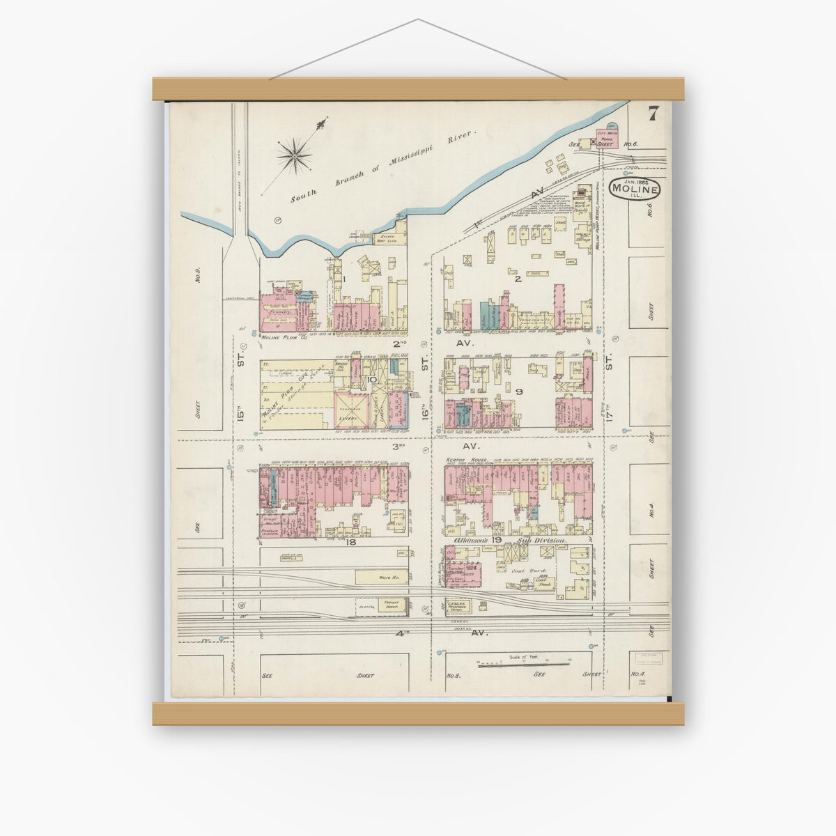Old map wall art mockup — magnetic wood frame on white wall — Sanborn Fire Insurance Map from Moline, Rock Island County, Illinois (1886), Sheet #0007
