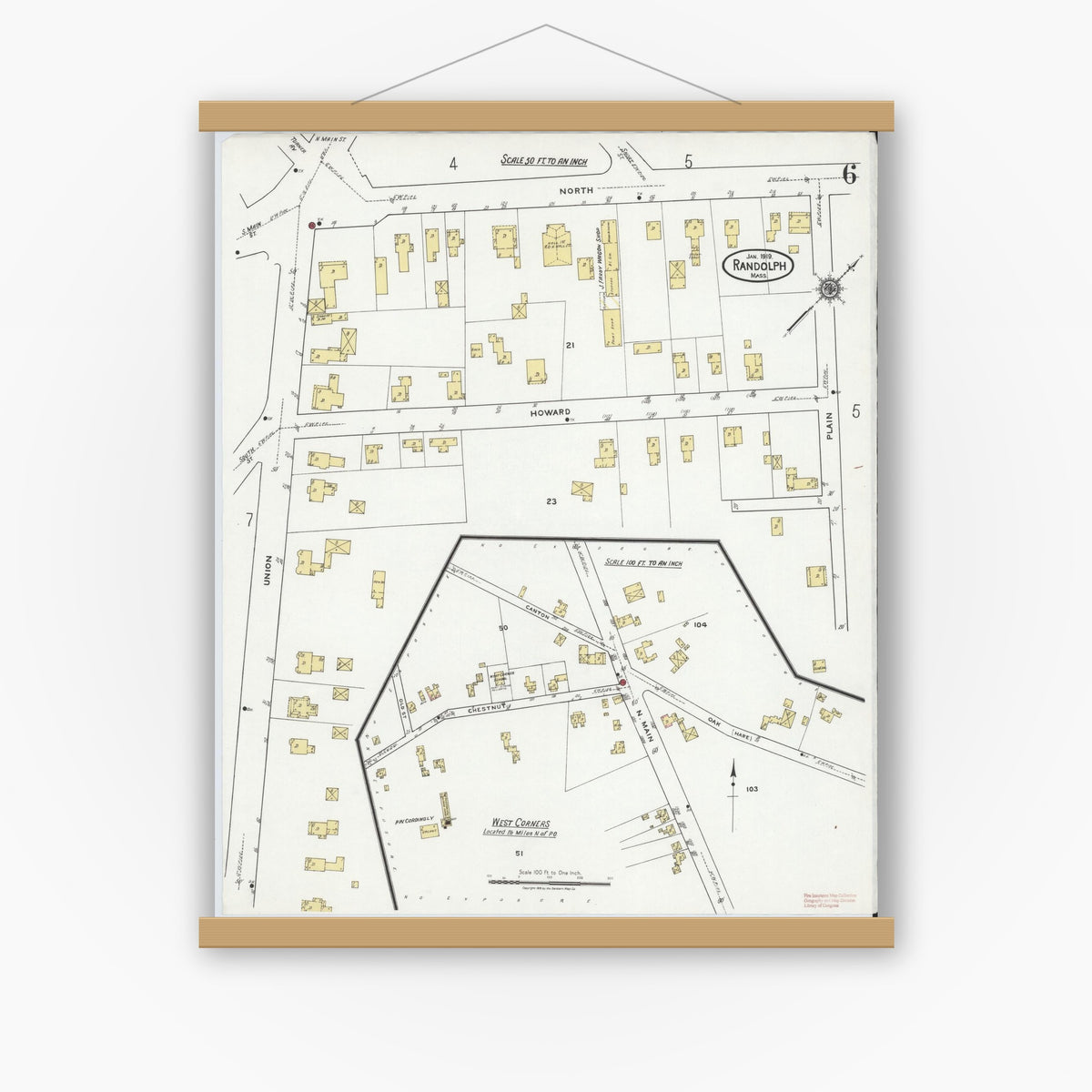 Old map wall art mockup — magnetic wood frame on white wall — Sanborn Fire Insurance Map from Randolph, Norfolk County, Massachusetts (1919), Sheet #0006