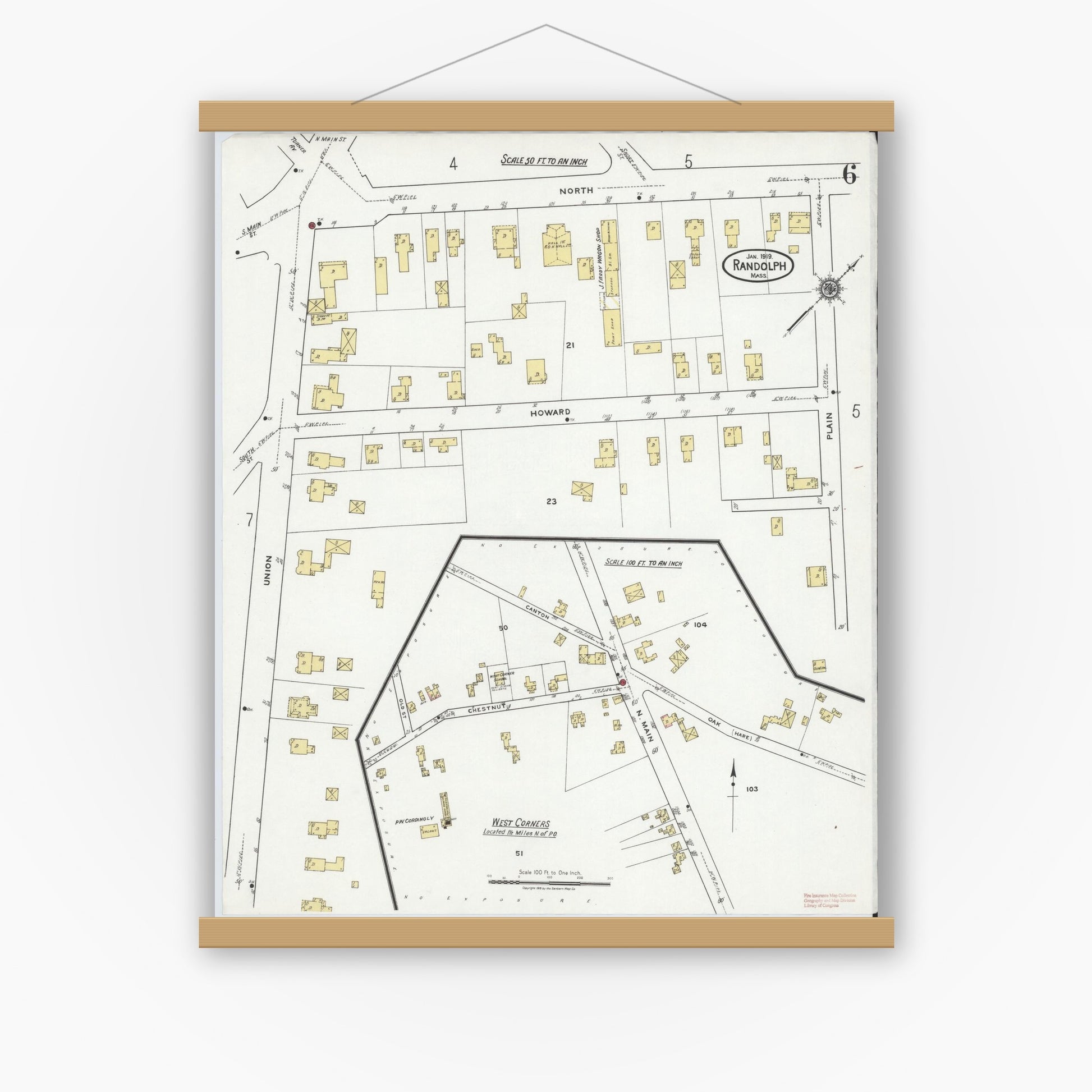 Old map wall art mockup — magnetic wood frame on white wall — Sanborn Fire Insurance Map from Randolph, Norfolk County, Massachusetts (1919), Sheet #0006