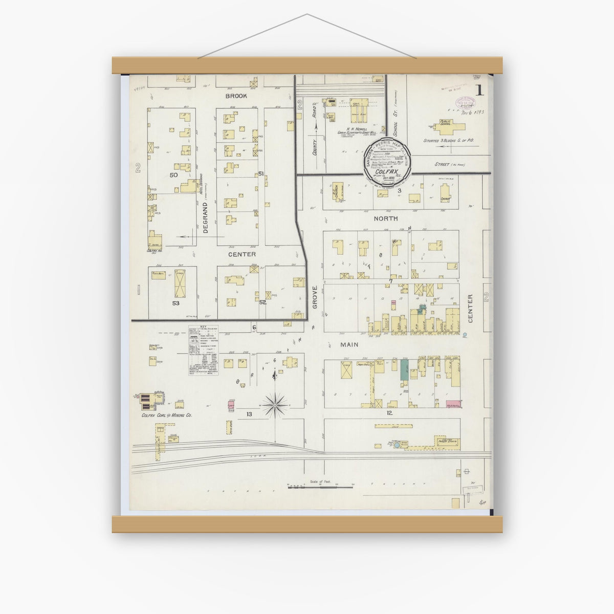 Old map wall art mockup — magnetic wood frame on white wall — Sanborn Fire Insurance Map from Colfax, McLean County, Illinois (1893), Sheet #0001
