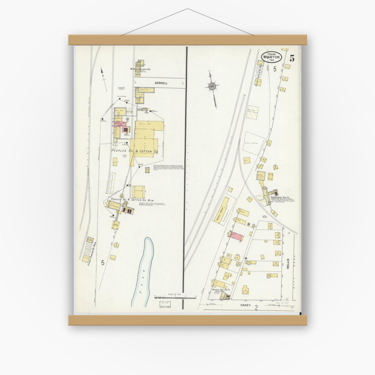 Old map wall art mockup — magnetic wood frame on white wall — Sanborn Fire Insurance Map from Wharton, Wharton County, Texas (1912), Sheet #0006