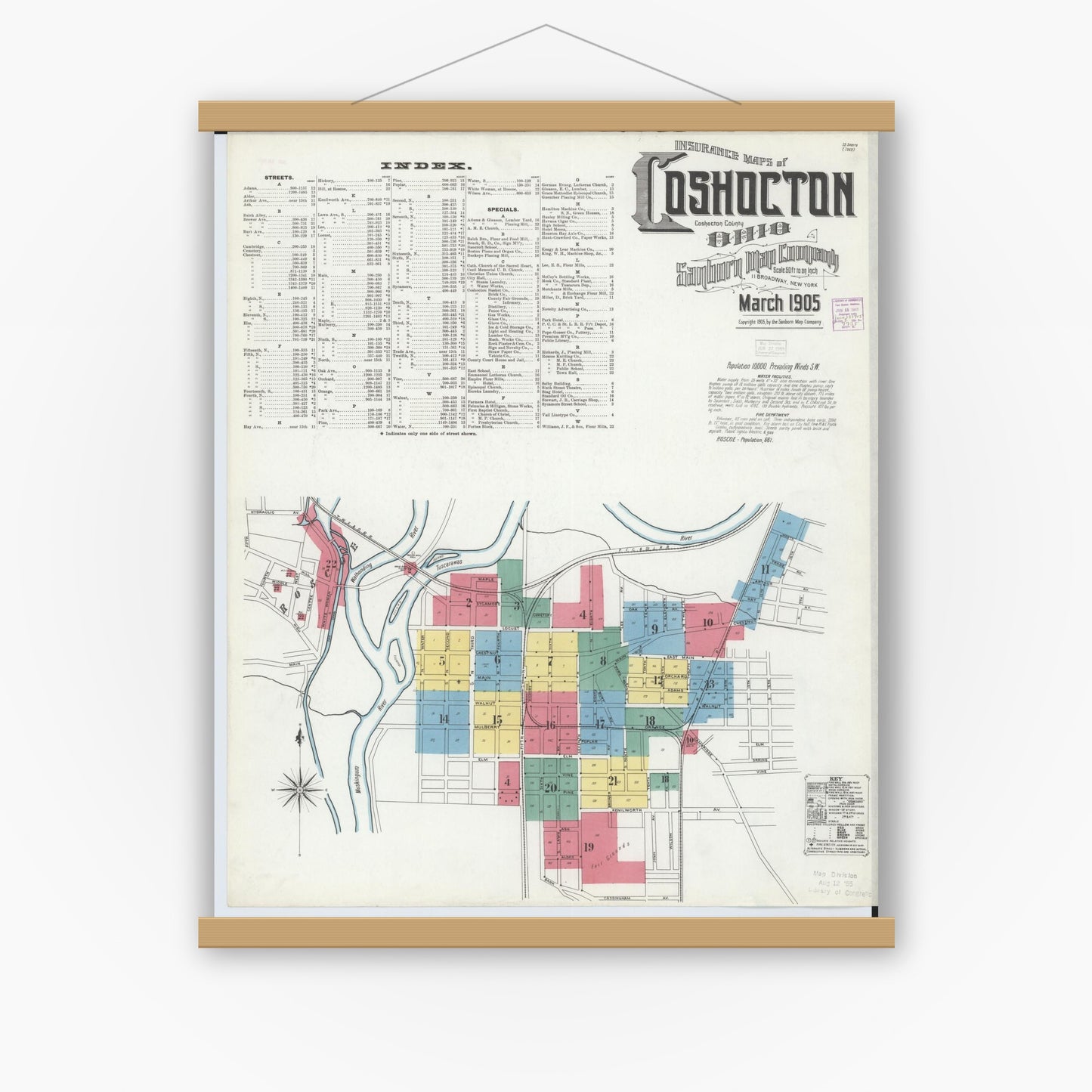 Old map wall art mockup — magnetic wood frame on white wall — Sanborn Fire Insurance Map from Coshocton, Coshocton County, Ohio (1905), Sheet #0001