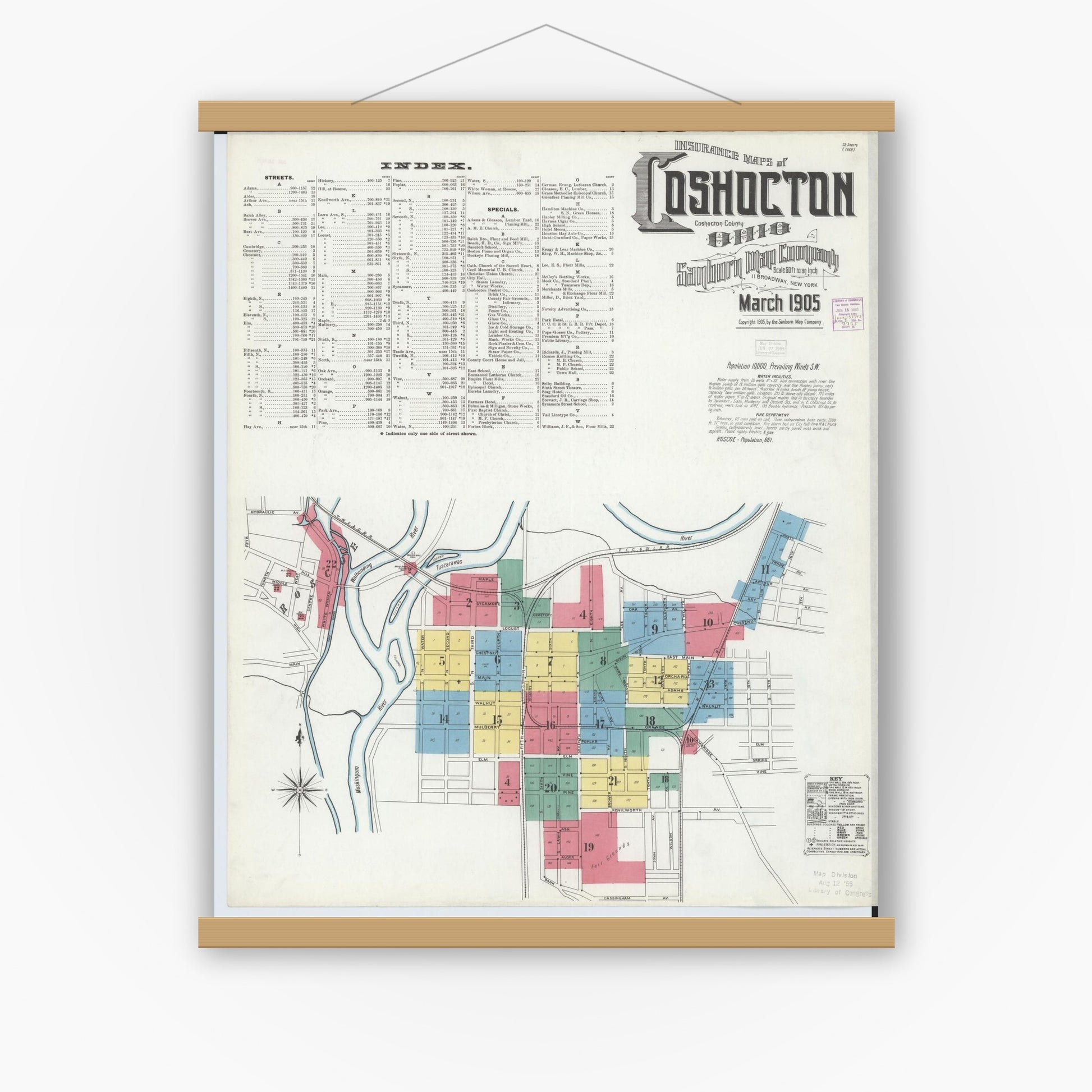 Old map wall art mockup — magnetic wood frame on white wall — Sanborn Fire Insurance Map from Coshocton, Coshocton County, Ohio (1905), Sheet #0001
