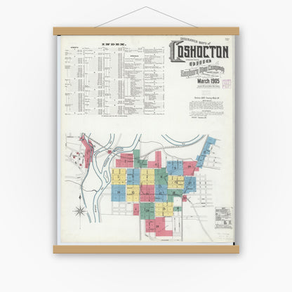 Old map wall art mockup — magnetic wood frame on white wall — Sanborn Fire Insurance Map from Coshocton, Coshocton County, Ohio (1905), Sheet #0001