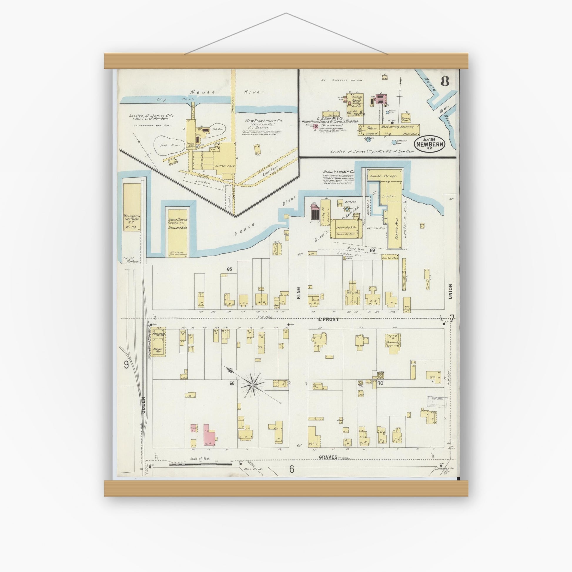 Old map wall art mockup — magnetic wood frame on white wall — Sanborn Fire Insurance Map from New Bern, Craven County, North Carolina (1898), Sheet #0008