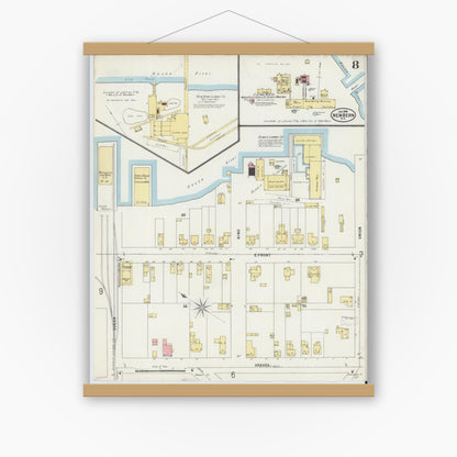 Old map wall art mockup — magnetic wood frame on white wall — Sanborn Fire Insurance Map from New Bern, Craven County, North Carolina (1898), Sheet #0008