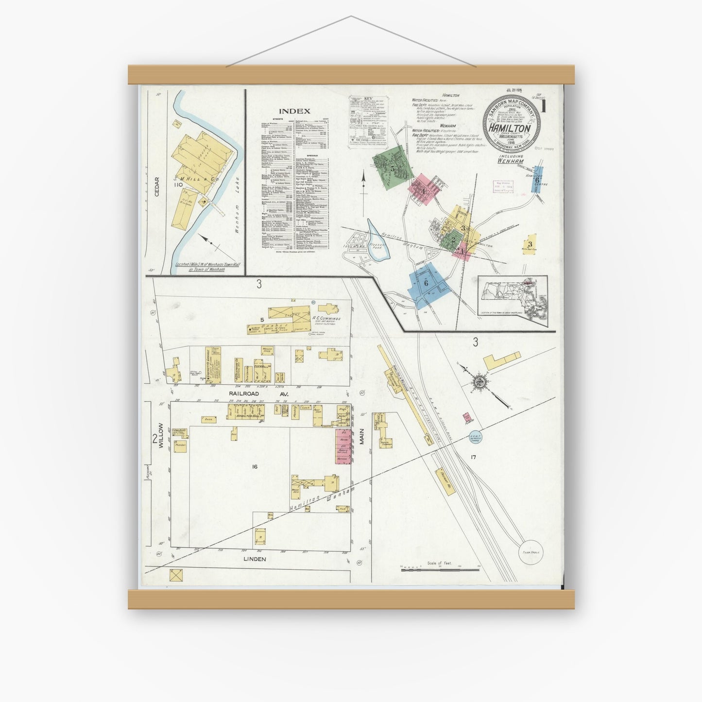 Old map wall art mockup — magnetic wood frame on white wall — Sanborn Fire Insurance Map from Hamilton, Essex County, Massachusetts (1916), Sheet #0001
