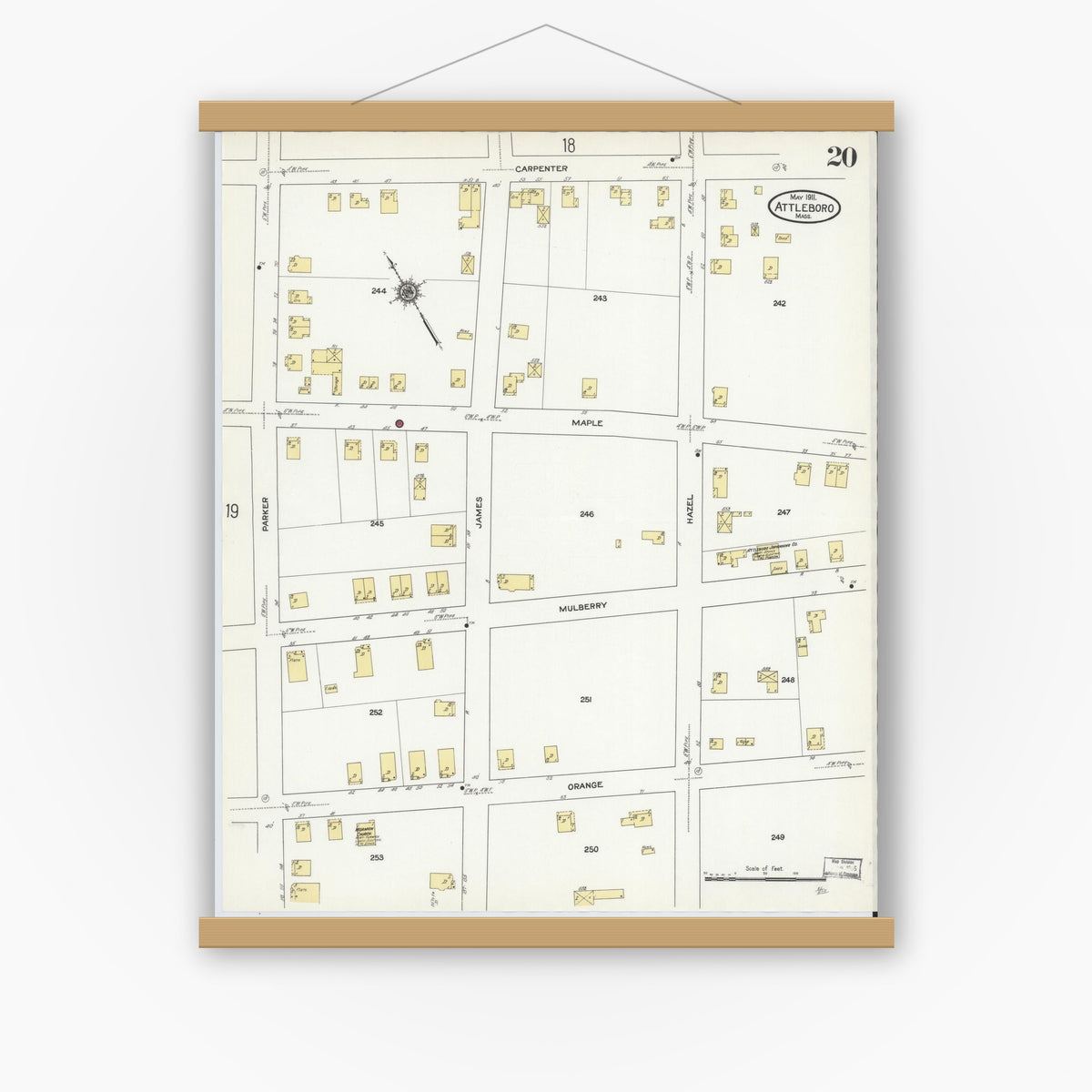 Old map wall art mockup — magnetic wood frame on white wall — Sanborn Fire Insurance Map from Attleboro, Bristol County, Massachusetts (1911), Sheet #0020