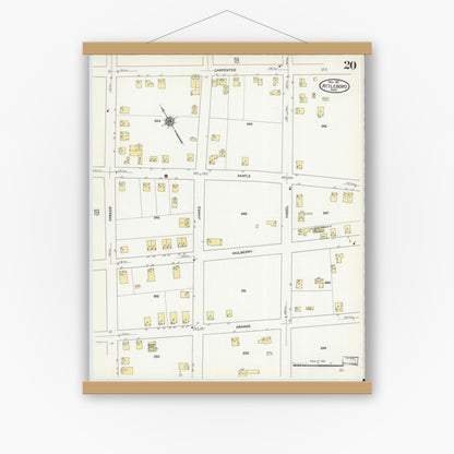Old map wall art mockup — magnetic wood frame on white wall — Sanborn Fire Insurance Map from Attleboro, Bristol County, Massachusetts (1911), Sheet #0020