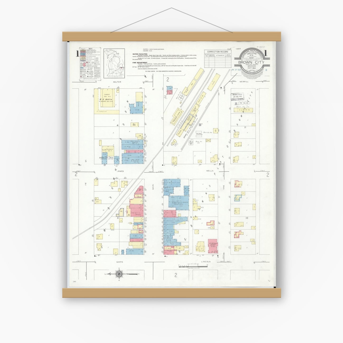 Old map wall art mockup — magnetic wood frame on white wall — Sanborn Fire Insurance Map from Brown City, Sanilac County, Michigan (1941), Sheet #0001