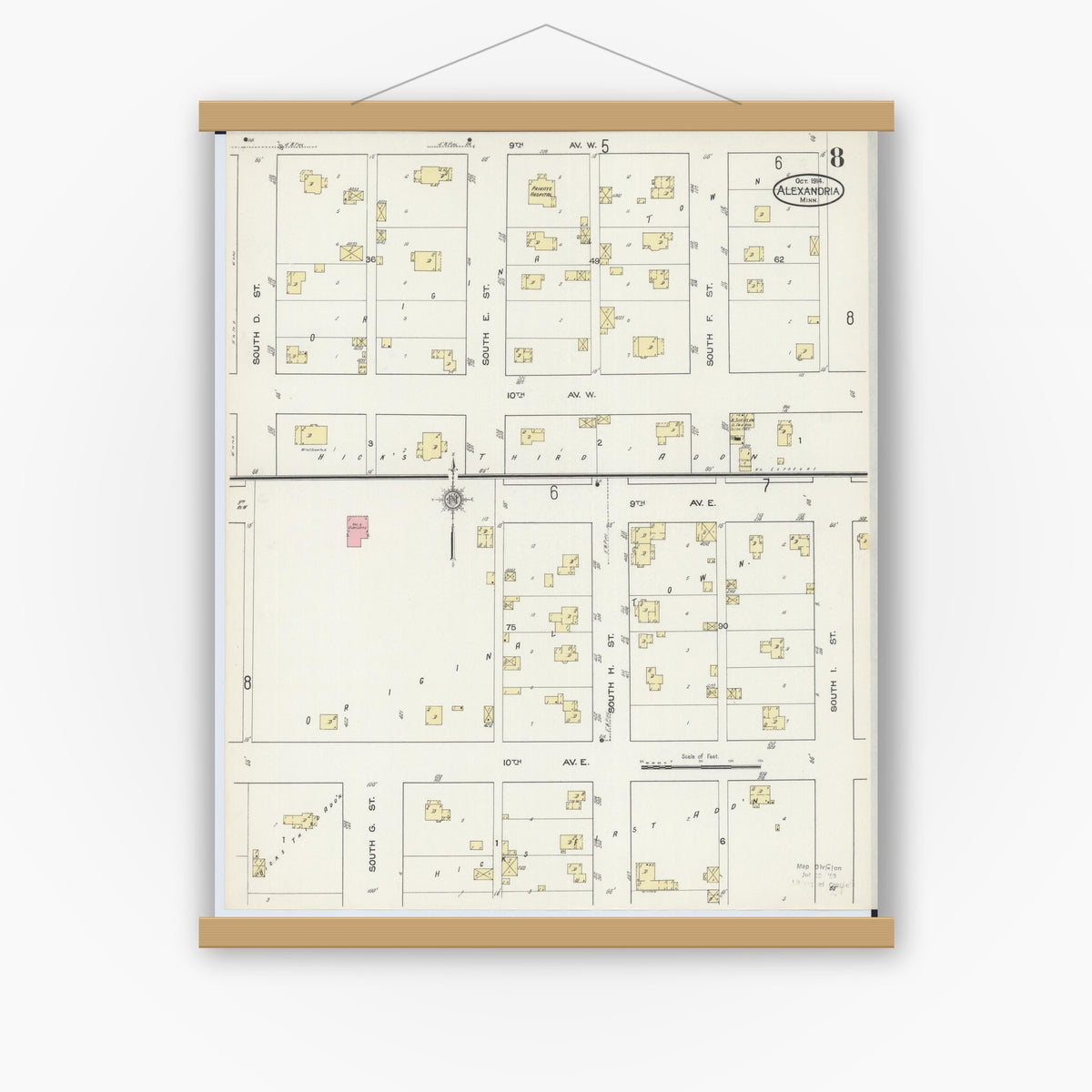 Old map wall art mockup — magnetic wood frame on white wall — Sanborn Fire Insurance Map from Alexandria, Douglas County, Minnesota (1914), Sheet #0008