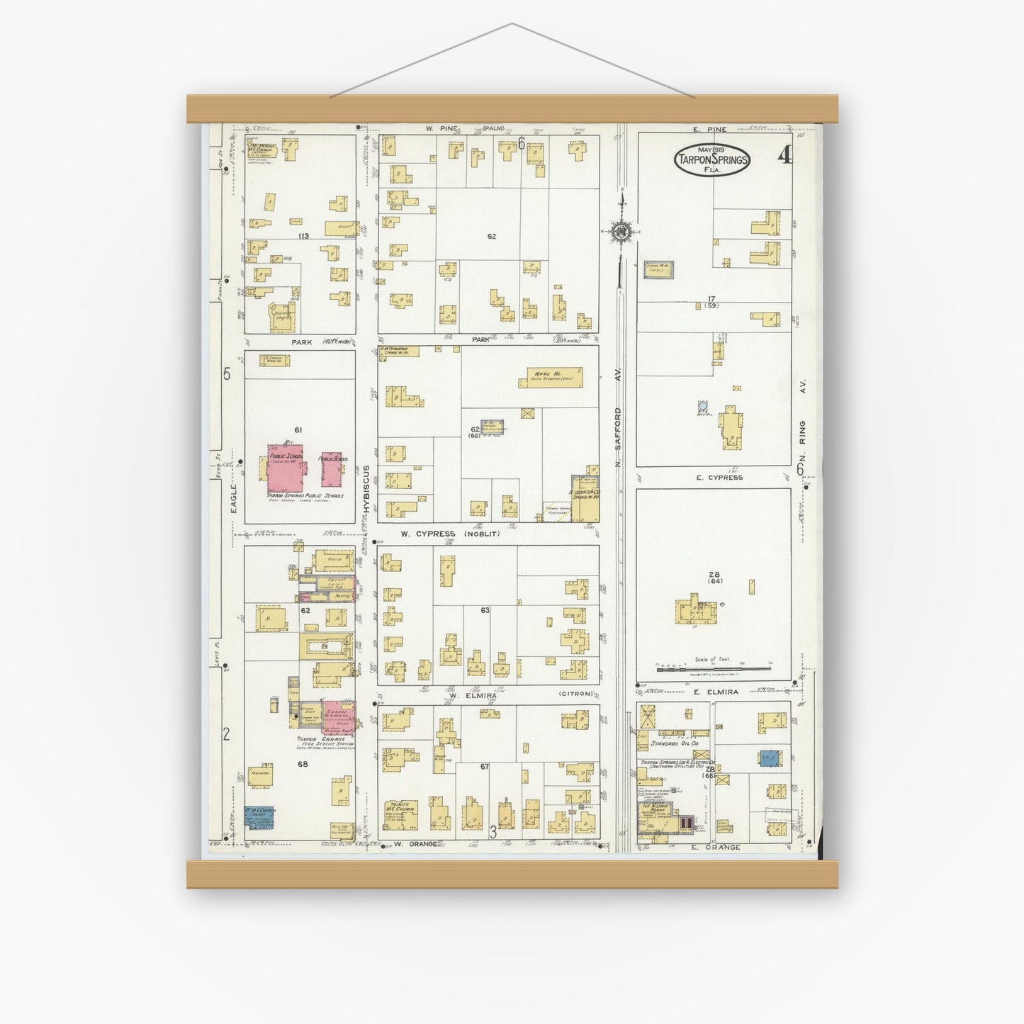 Old map wall art mockup — magnetic wood frame on white wall — Sanborn Fire Insurance Map from Tarpon Springs, Pinellas County, Florida (1919), Sheet #0004