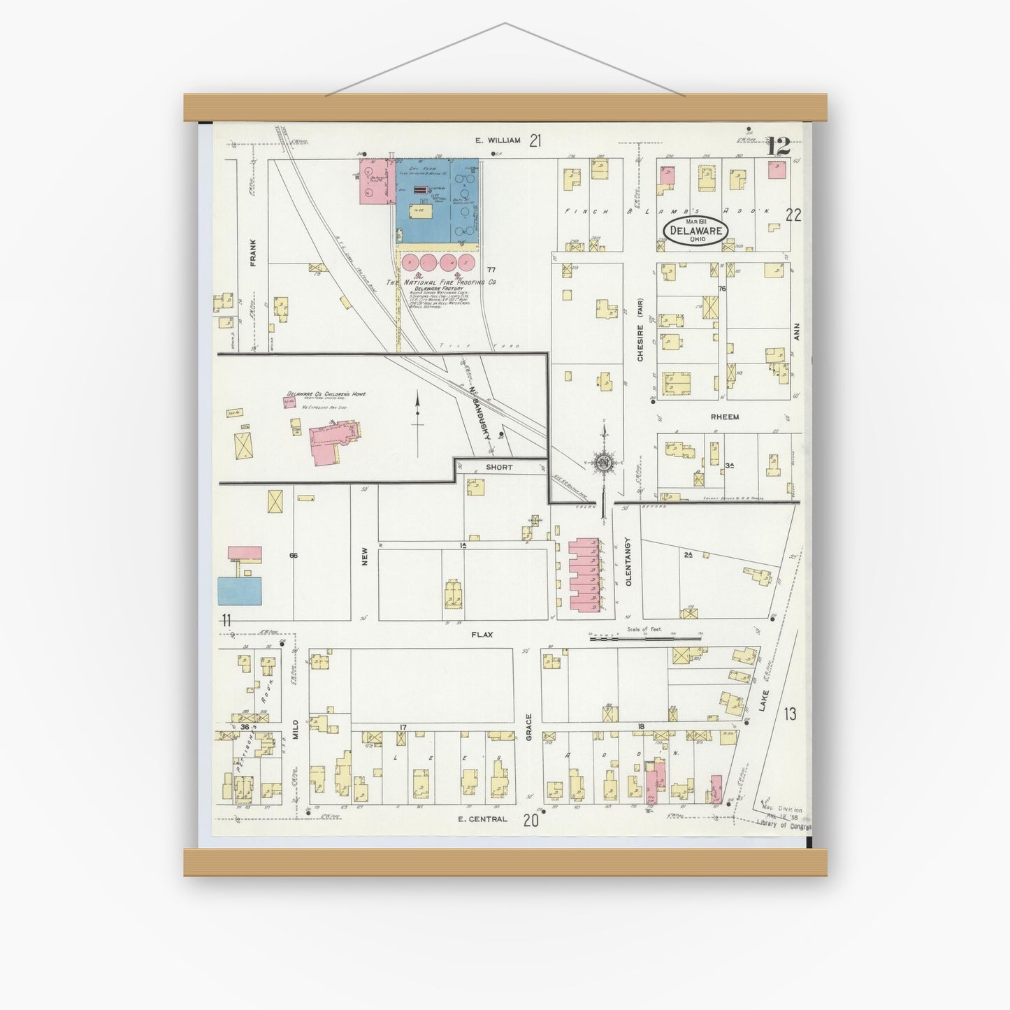 Old map wall art mockup — magnetic wood frame on white wall — Sanborn Fire Insurance Map from Delaware, Delaware County, Ohio (1911), Sheet #0012