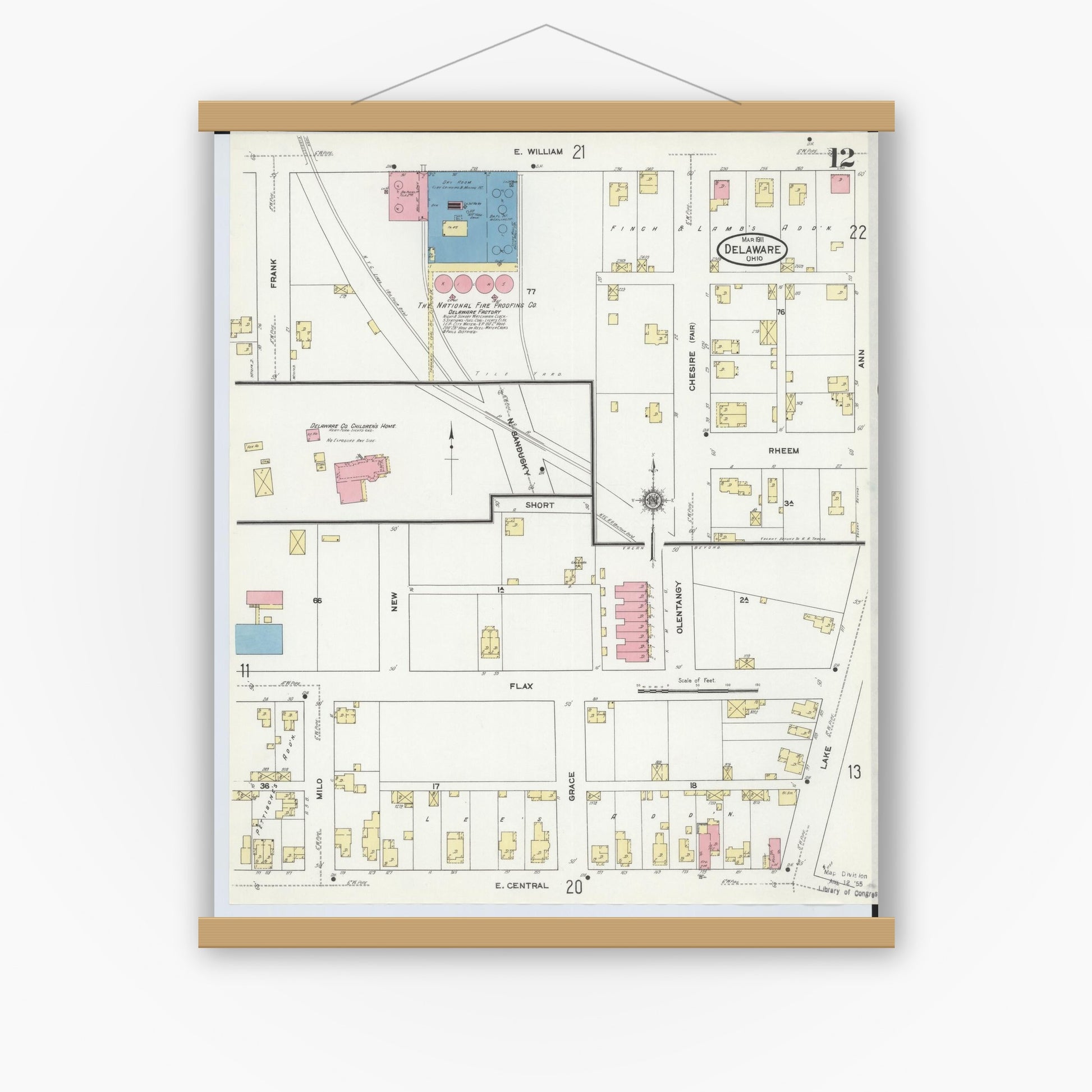 Old map wall art mockup — magnetic wood frame on white wall — Sanborn Fire Insurance Map from Delaware, Delaware County, Ohio (1911), Sheet #0012