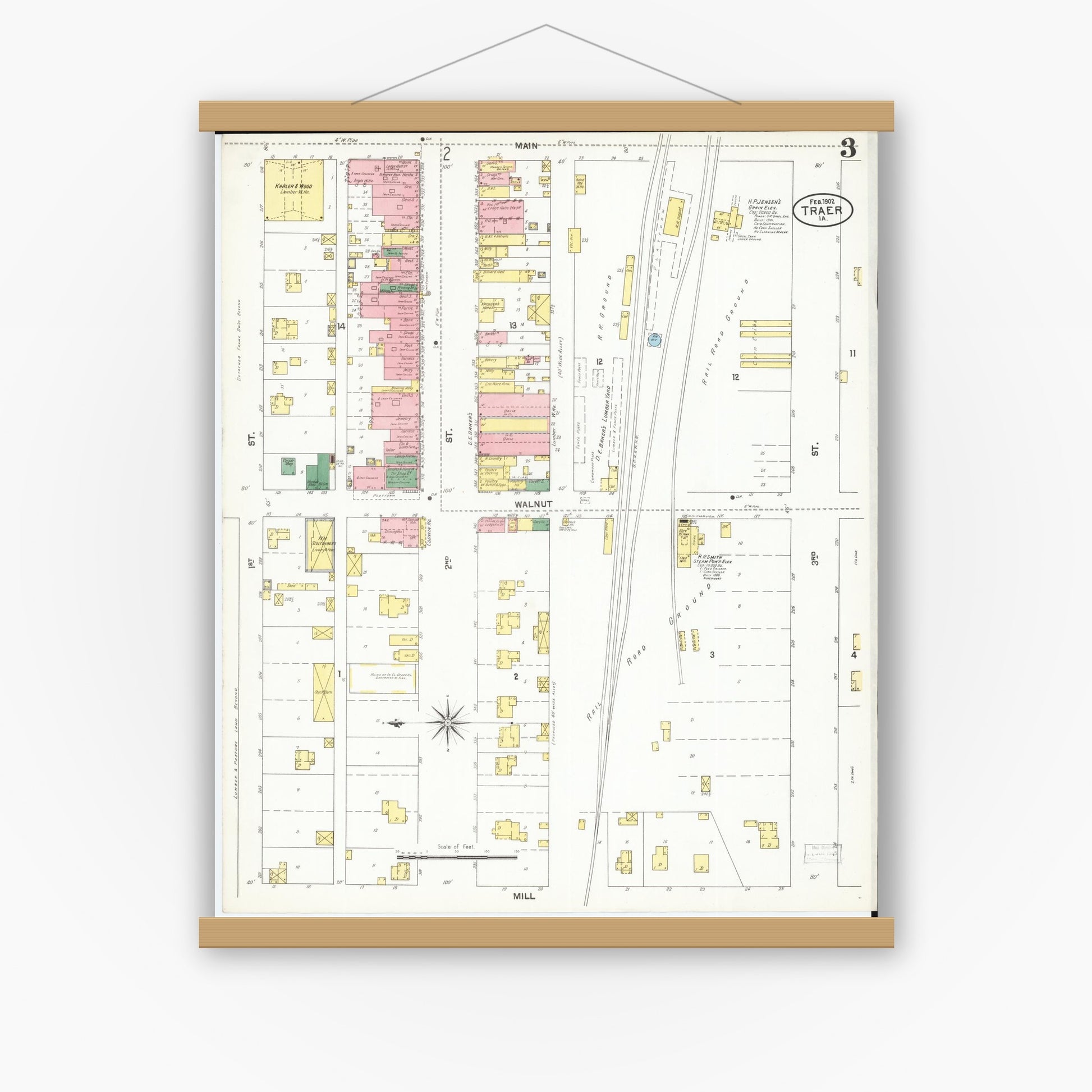 Old map wall art mockup — magnetic wood frame on white wall — Sanborn Fire Insurance Map from Traer, Tama County, Iowa (1902), Sheet #0003