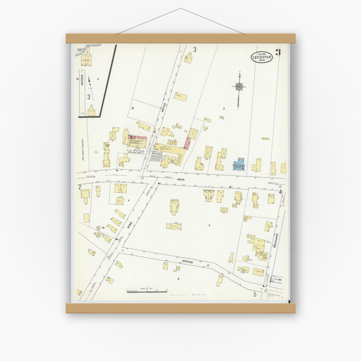 Old map wall art mockup — magnetic wood frame on white wall — Sanborn Fire Insurance Map from Leicester, Worcester County, Massachusetts (1910), Sheet #0003