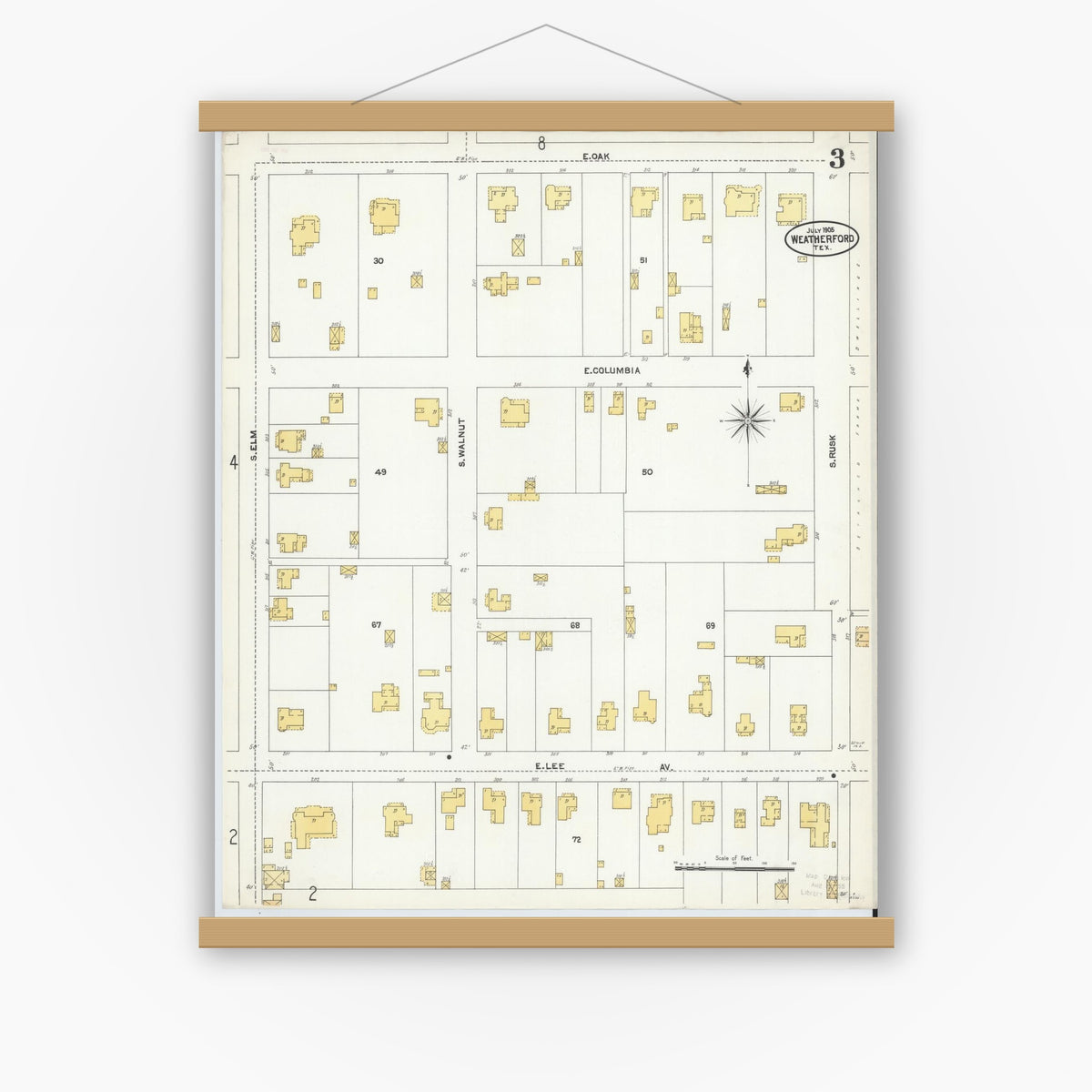 Old map wall art mockup — magnetic wood frame on white wall — Sanborn Fire Insurance Map from Weatherford, Parker County, Texas (1905), Sheet #0003