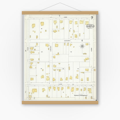 Old map wall art mockup — magnetic wood frame on white wall — Sanborn Fire Insurance Map from Weatherford, Parker County, Texas (1905), Sheet #0003
