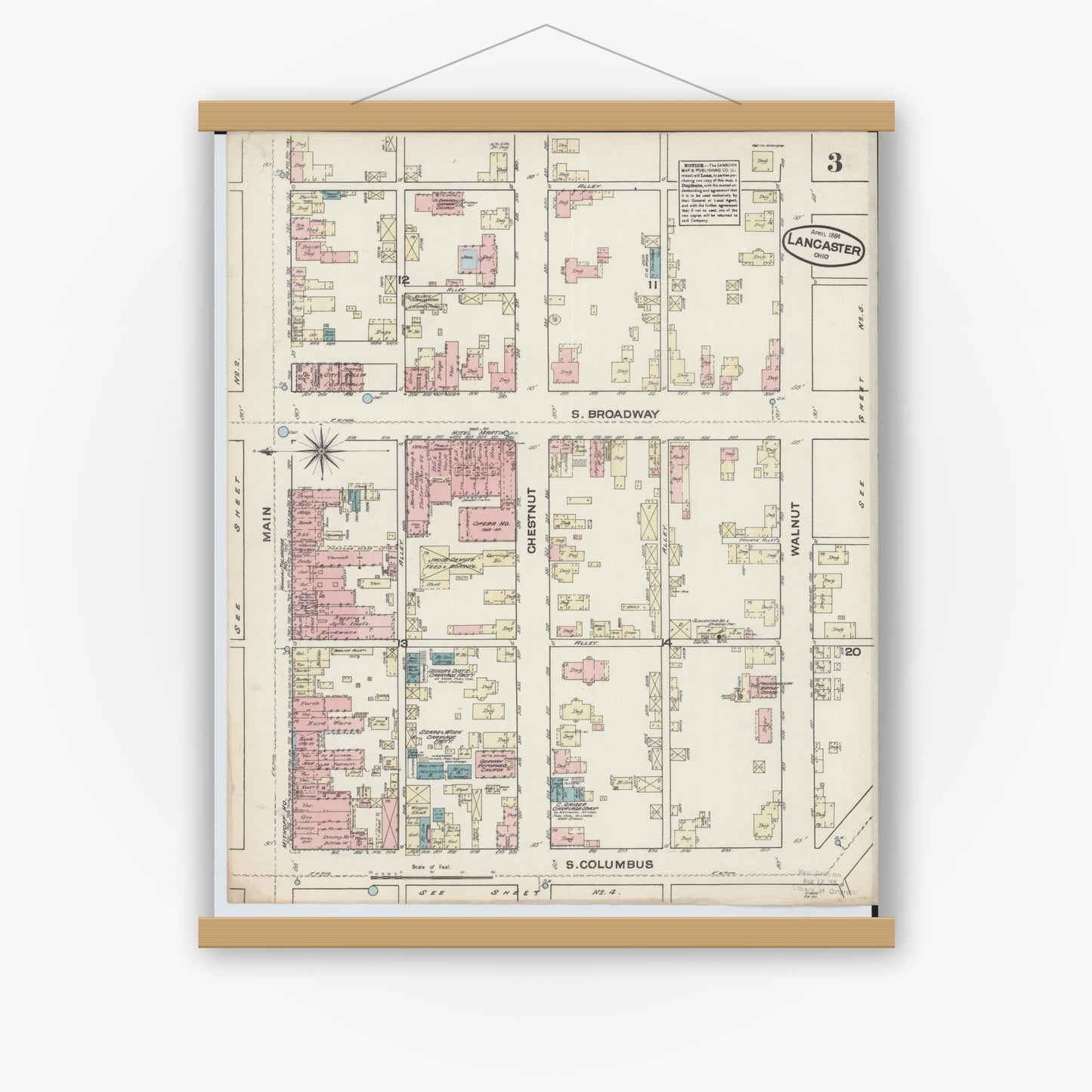 Old map wall art mockup — magnetic wood frame on white wall — Sanborn Fire Insurance Map from Lancaster, Fairfield County, Ohio (1884), Sheet #0003