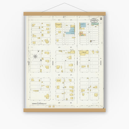 Old map wall art mockup — magnetic wood frame on white wall — Sanborn Fire Insurance Map from McGregor, McLennan County, Texas (1899), Sheet #0002