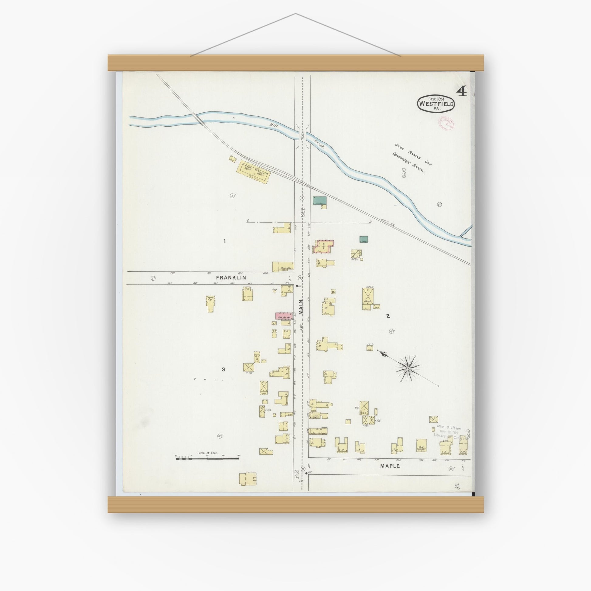 Old map wall art mockup — magnetic wood frame on white wall — Sanborn Fire Insurance Map from Westfield, Tioga County, Pennsylvania (1894), Sheet #0004