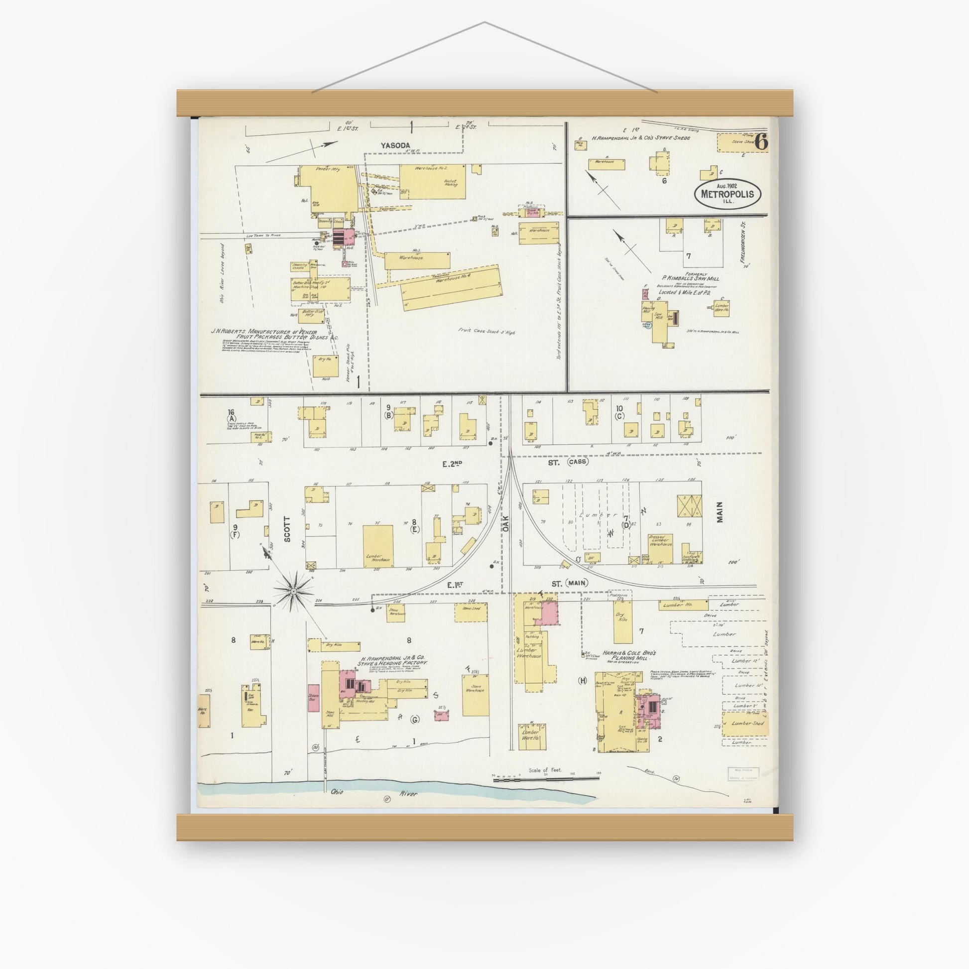 Old map wall art mockup — magnetic wood frame on white wall — Sanborn Fire Insurance Map from Metropolis, Massac County, Illinois (1902), Sheet #0006