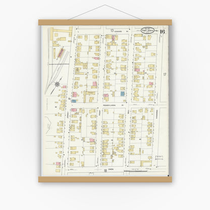 Old map wall art mockup — magnetic wood frame on white wall — Sanborn Fire Insurance Map from Port Jervis, Orange County, New York (1912), Sheet #0016