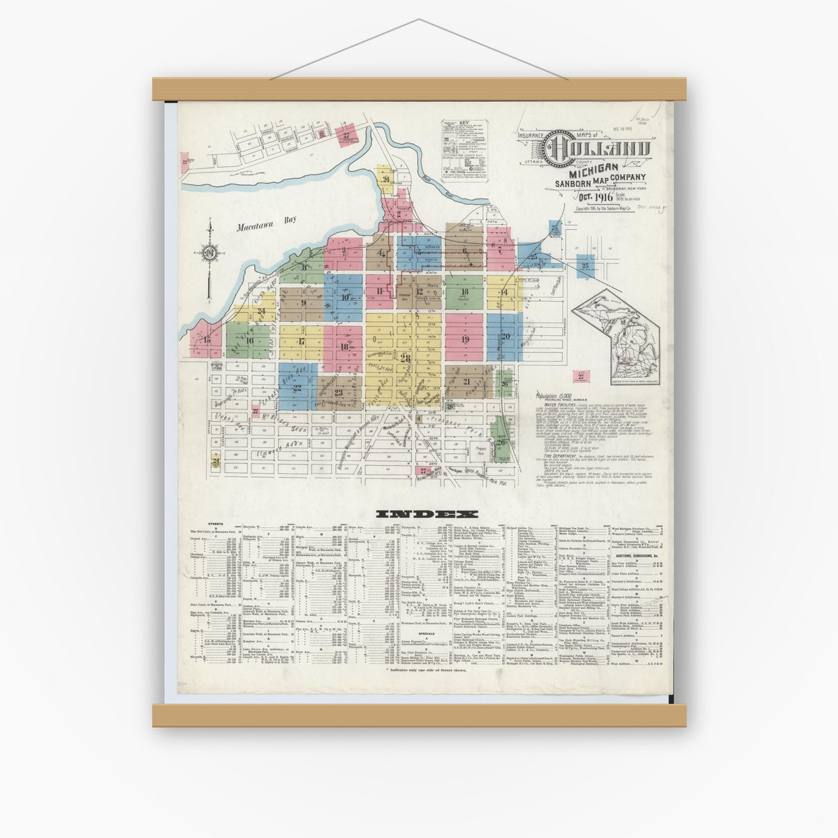 Old map wall art mockup — magnetic wood frame on white wall — Sanborn Fire Insurance Map from Holland, Ottawa County, Michigan (1916), Sheet #0001