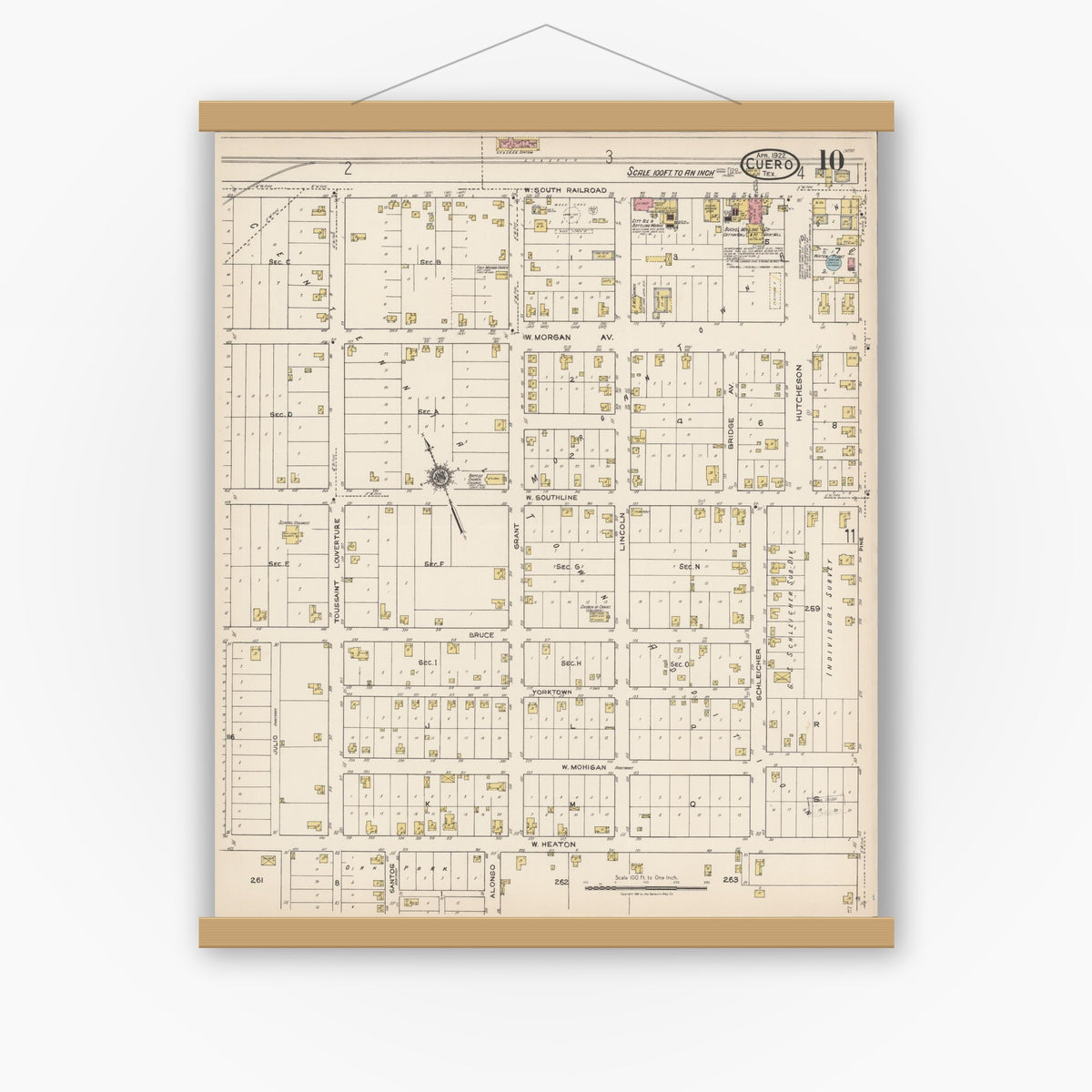 Old map wall art mockup — magnetic wood frame on white wall — Sanborn Fire Insurance Map from Cuero, De Witt County, Texas (1922), Sheet #0010