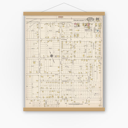 Old map wall art mockup — magnetic wood frame on white wall — Sanborn Fire Insurance Map from Cuero, De Witt County, Texas (1922), Sheet #0010
