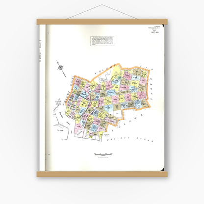 Old map wall art mockup — magnetic wood frame on white wall — Sanborn Fire Insurance Map from Honolulu, Oahu County, Hawaii (1956), Sheet #0001